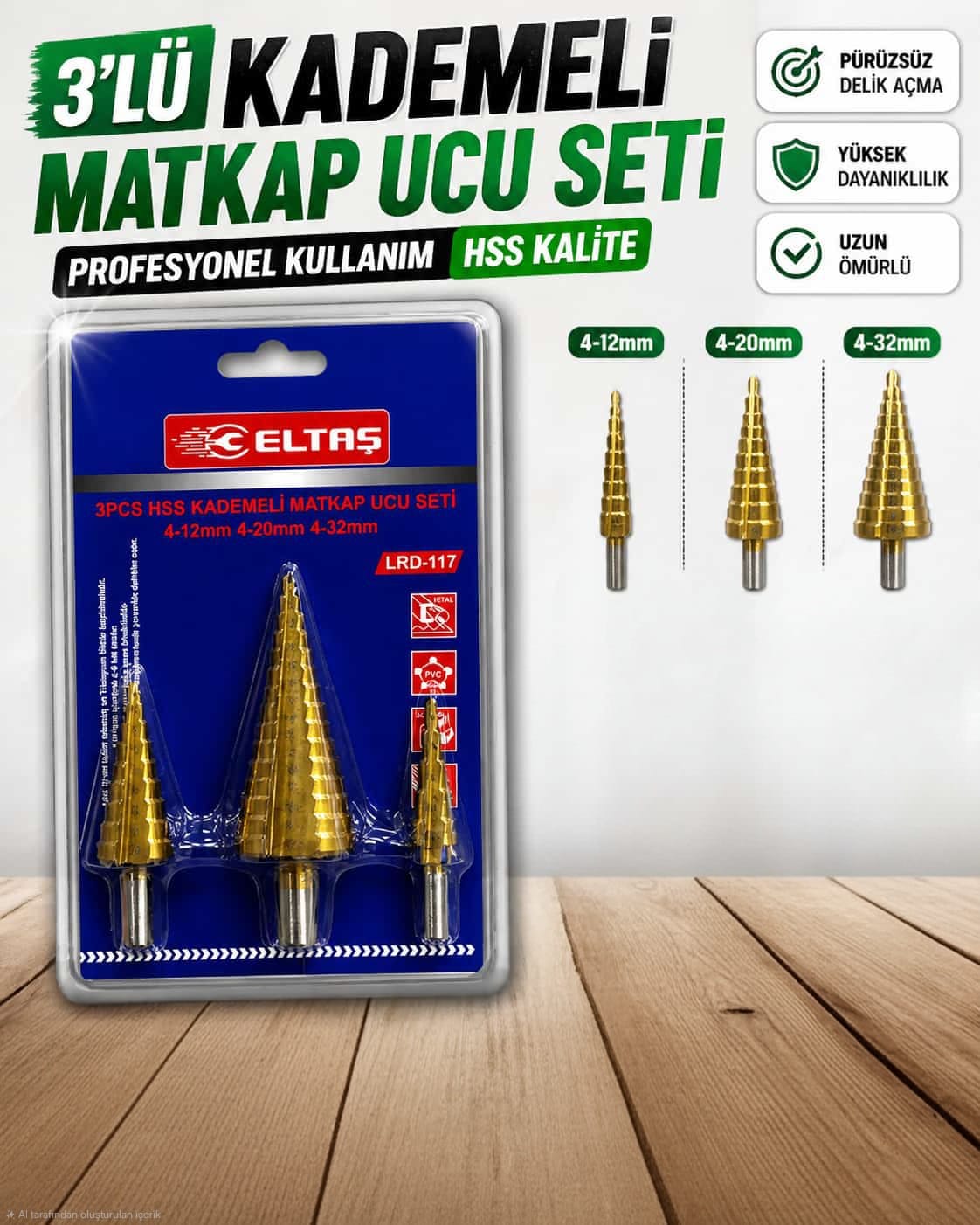 3 Parça Kademeli Matkap Ucu Seti (4-32 mm)