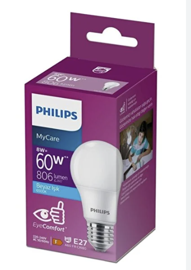 Philips 8W-60W-6500K AMPUL BEYAZ IŞIK E27 Duy Uyumlu