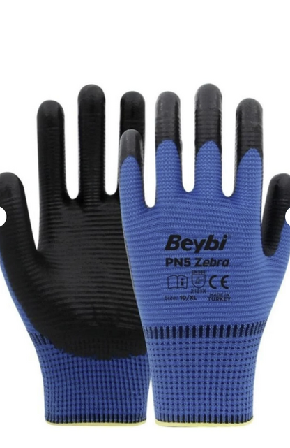 BEYBİ Pn5 Zebra Mavi Nitril Kaplı Örgü Polyester Iş Eldiveni