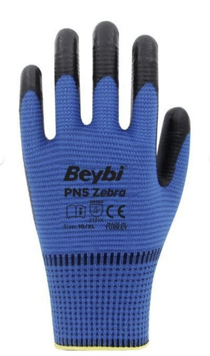 BEYBİ Pn5 Zebra Mavi Nitril Kaplı Örgü Polyester Iş Eldiveni